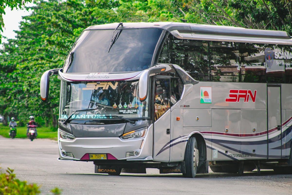 Silver intercity coach bus parked beside a tree-lined road